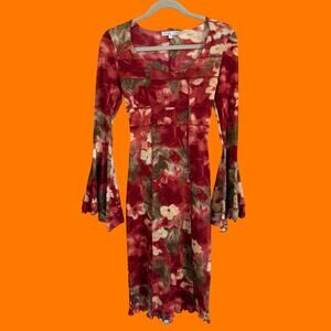 00's vintage red floral mesh bell sleeve y2k bodycon dress SMALL Moa Moa